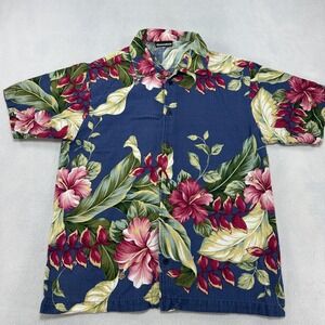 ODO Hawaiian Aloha Shirt‎ Mens Large Blue Floral Hibiscus Short Sleeve Camp USA